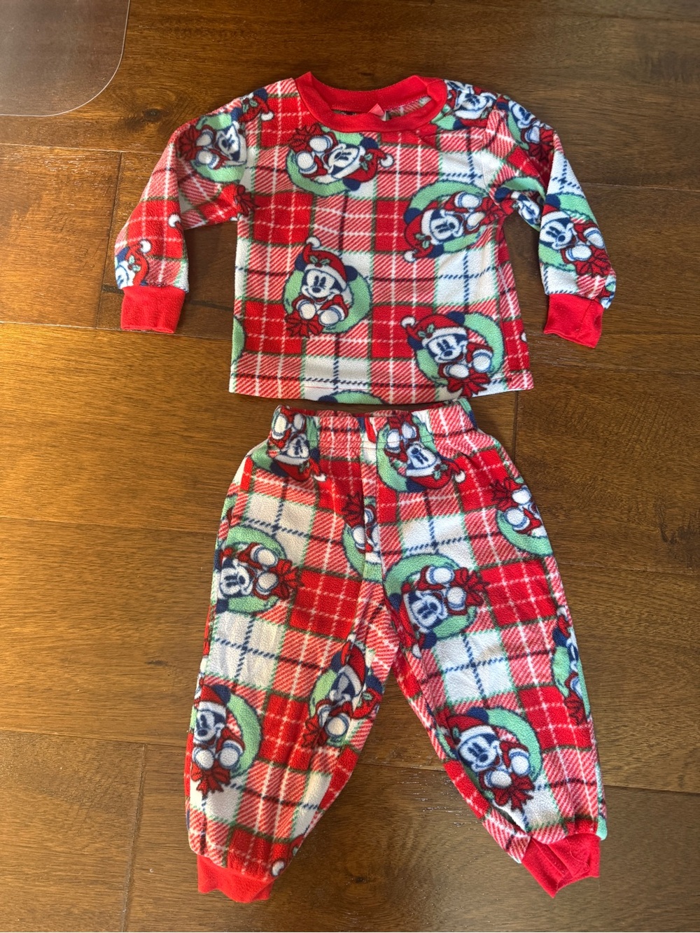 Disney Red Plaid Mickey Mouse Holiday Pajama Set with Green Accents